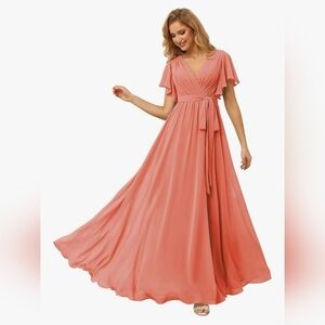Raseal Flutter Sleeve Chiffon Bridesmaid Dress with Pockets In CORAL #1013